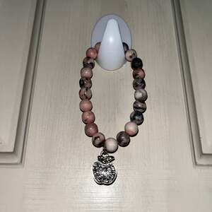 Natural Stone Stretch Bracelet with Apple Charm - Pink Zebra Jasper